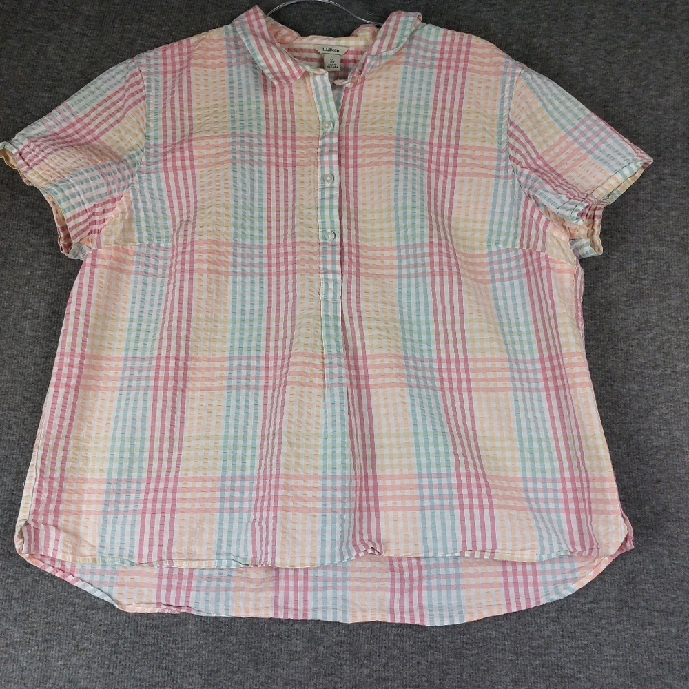 L.L. BEAN VACATIONLAND SEERSUCKER WOMENS MULTICOLOR GINGHAM SHIRT PREPPY SZ XLP
